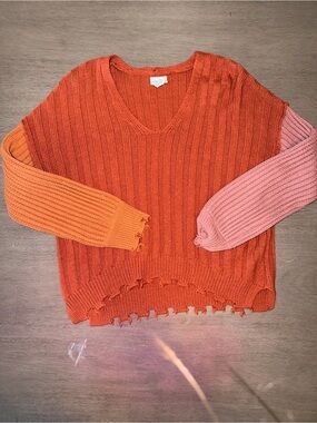 Rue21 Orange V-Neck Colorblock Distressed Knit Sweater